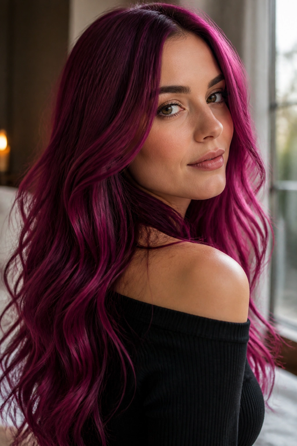 Close-up of a real woman with long magenta red-violet hair.