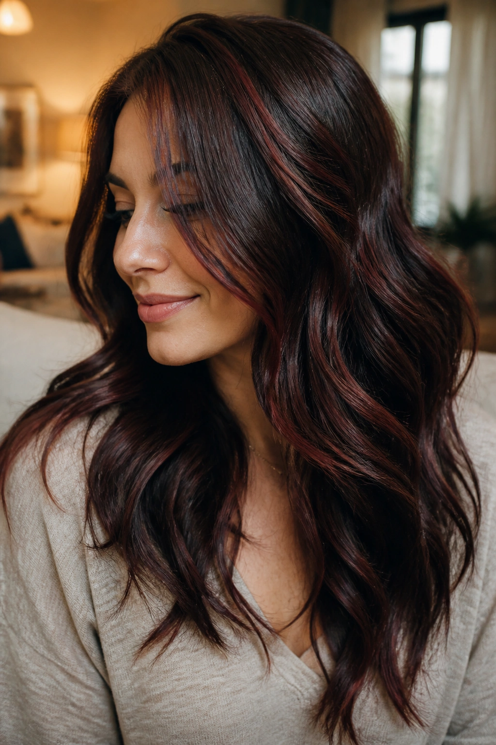 Real woman with mahogany accents in dark brown wavy hair showing movement.