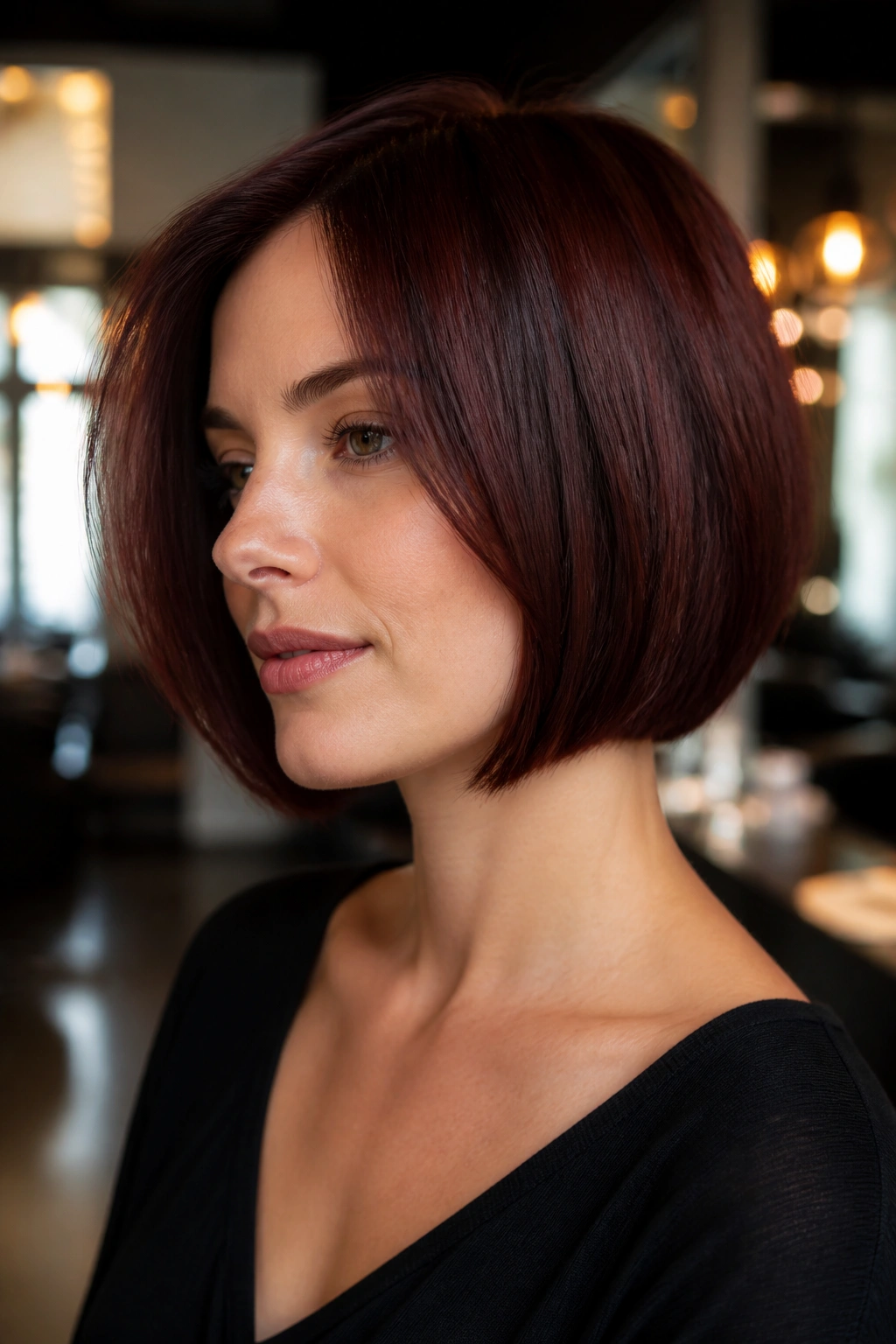Close-up portrait of a real woman with deep mahogany auburn bob in a chic salon