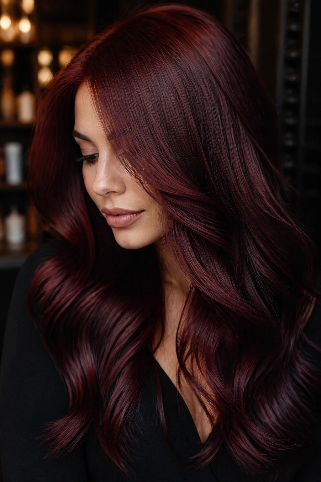 Close-up of mahogany auburn hair with wine-dark edge on a real person