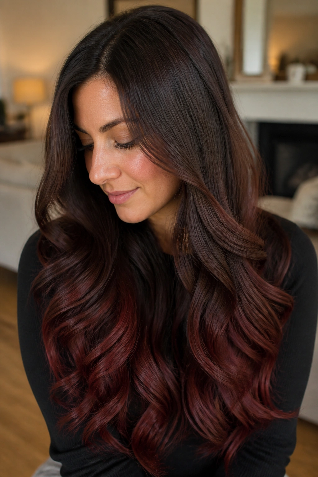 Close-up of a real woman with cocoa hair fading into mahogany ends.