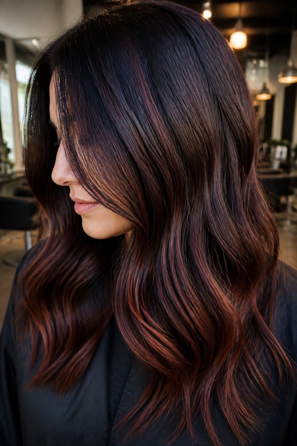 Close-up portrait of a person with mahogany balayage on dark hair in a softly lit salon