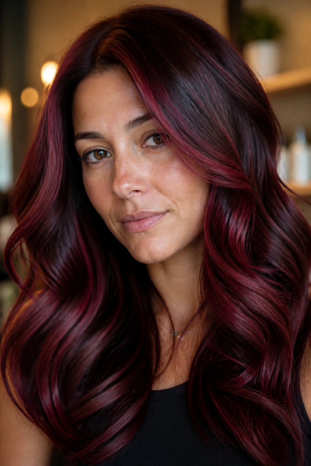Real woman with mahogany base and berry ribbons in hair, close-up