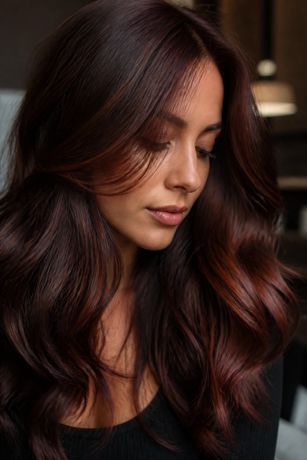 Close-up of a real person with mahogany brown hair and auburn auburn highlights