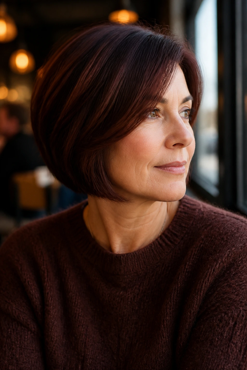 Close-up of a real woman with mahogany brown bob color and movement