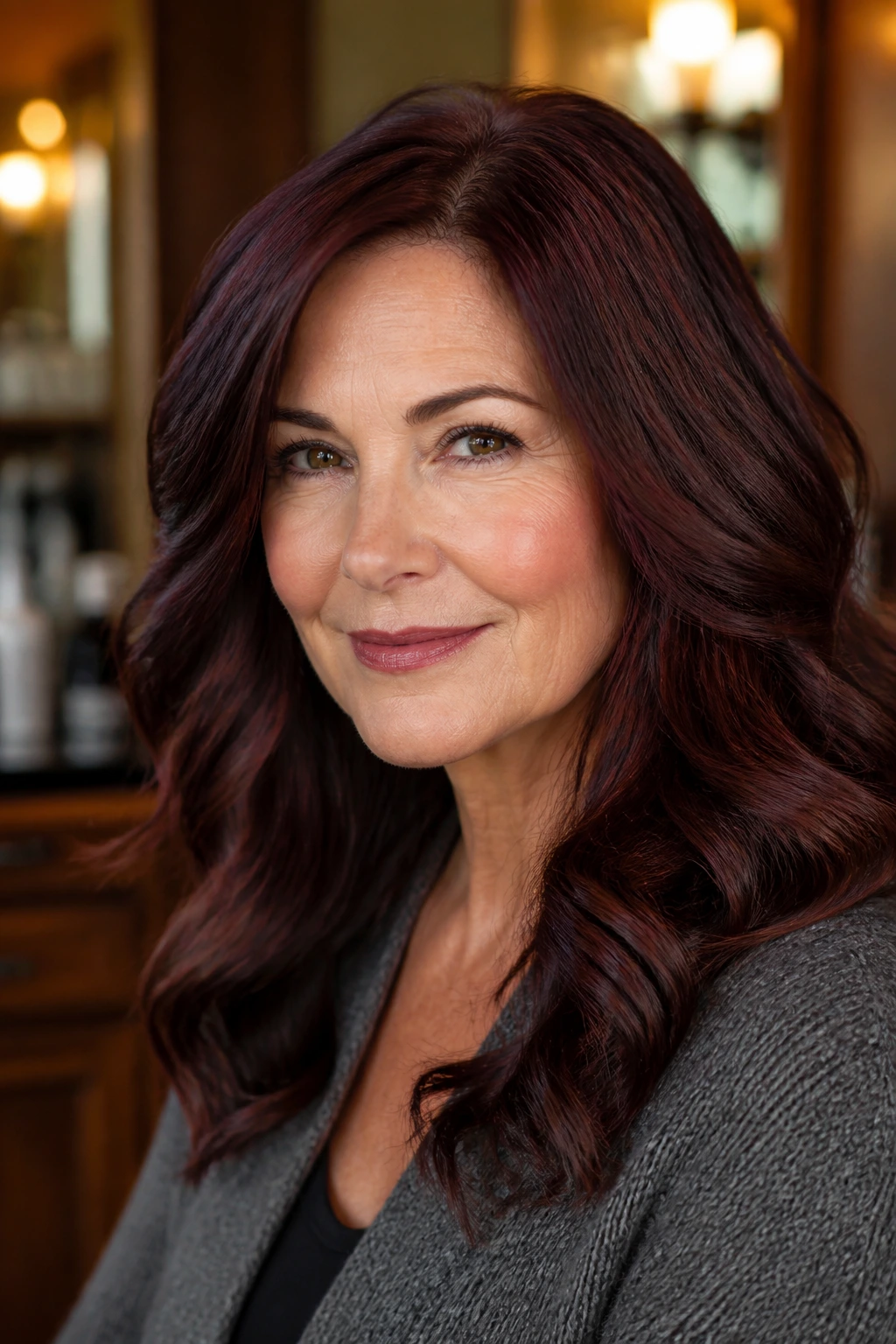 Close-up portrait of mahogany brown hair with burgundy depth catching light.