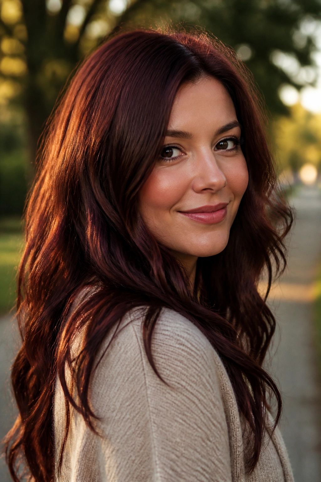 Close-up of a real woman with deep mahogany brown hair catching warm light
