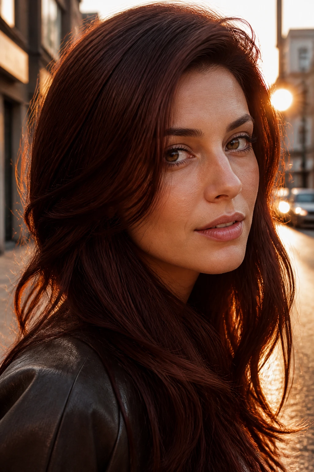 Close-up of a real woman with Mahogany Brown hair in deep red-brown shade