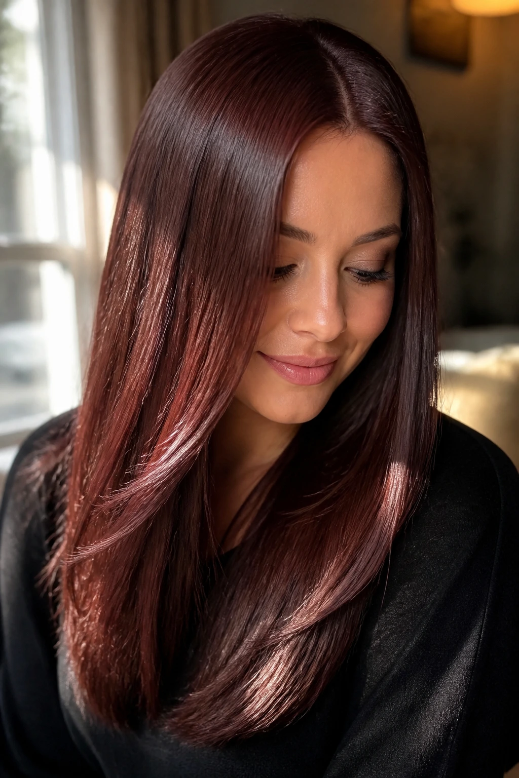 Close-up portrait of a woman with mahogany brown hair showing deep red-brown shine in warm window light