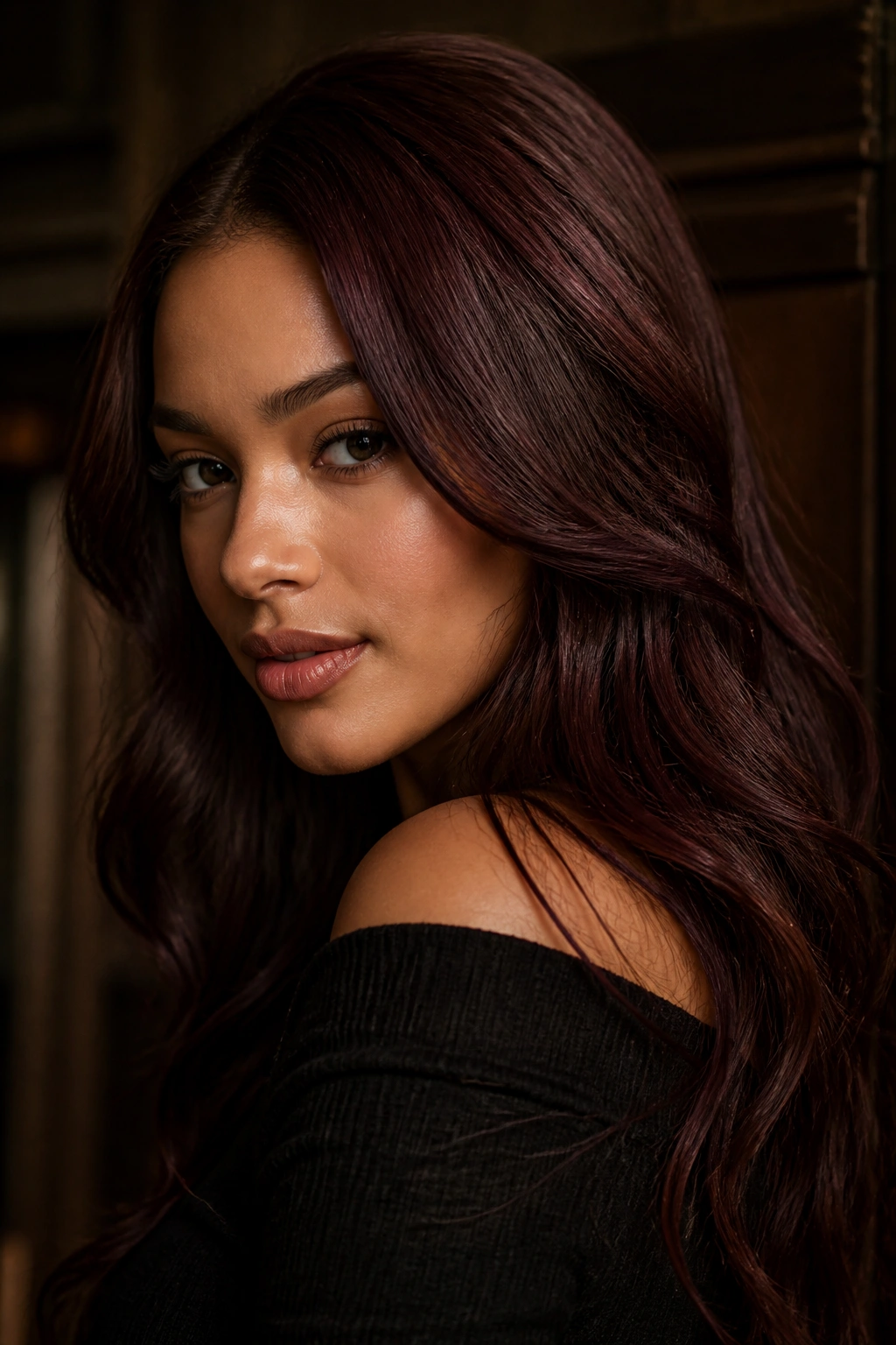 Close-up portrait of a real woman with mahogany brown hair under warm indoor lighting