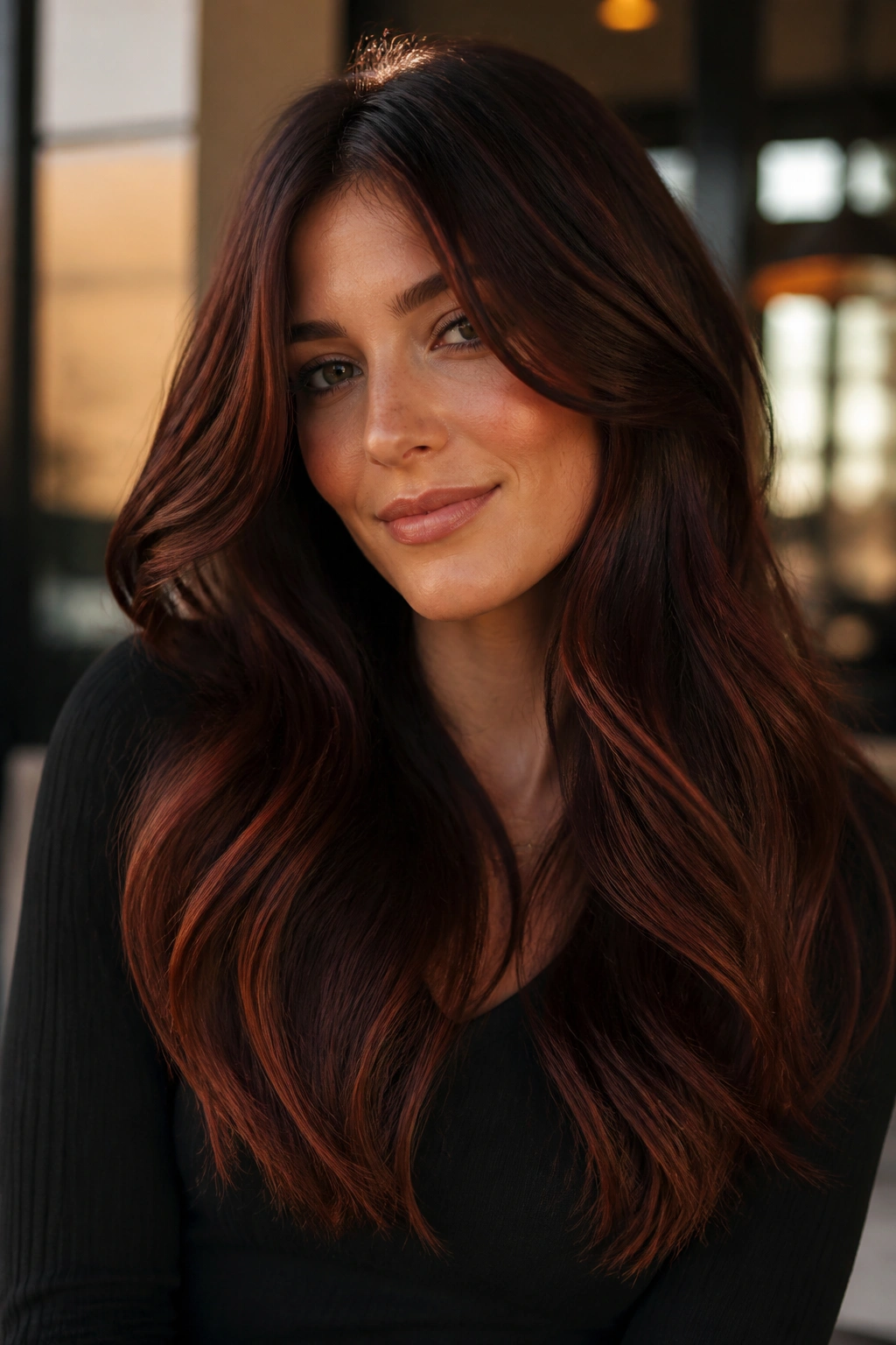Close-up of mahogany brunette with red-brown glow at the ends