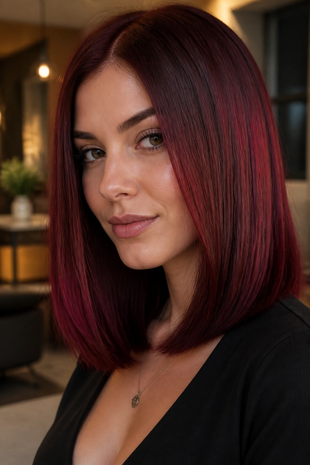 Close-up of a real woman with mahogany to burgundy melt on straight hair and blunt lob in warm indoor light