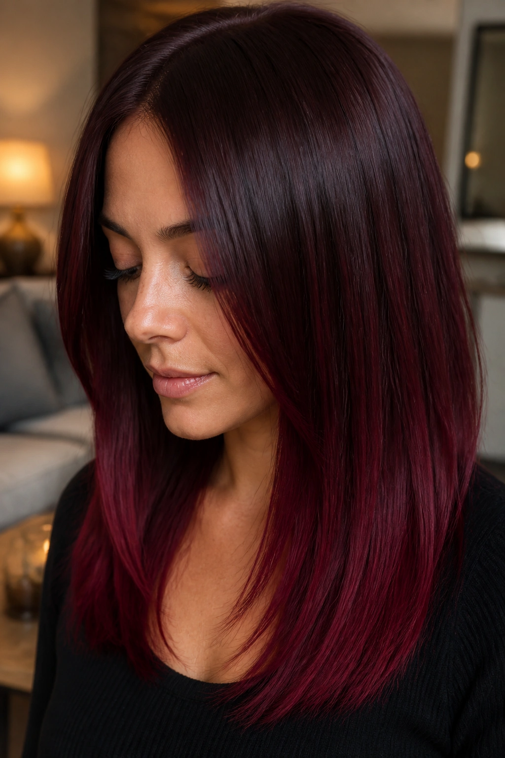 Close-up of a real woman's hair showing mahogany to cherry cola ombre