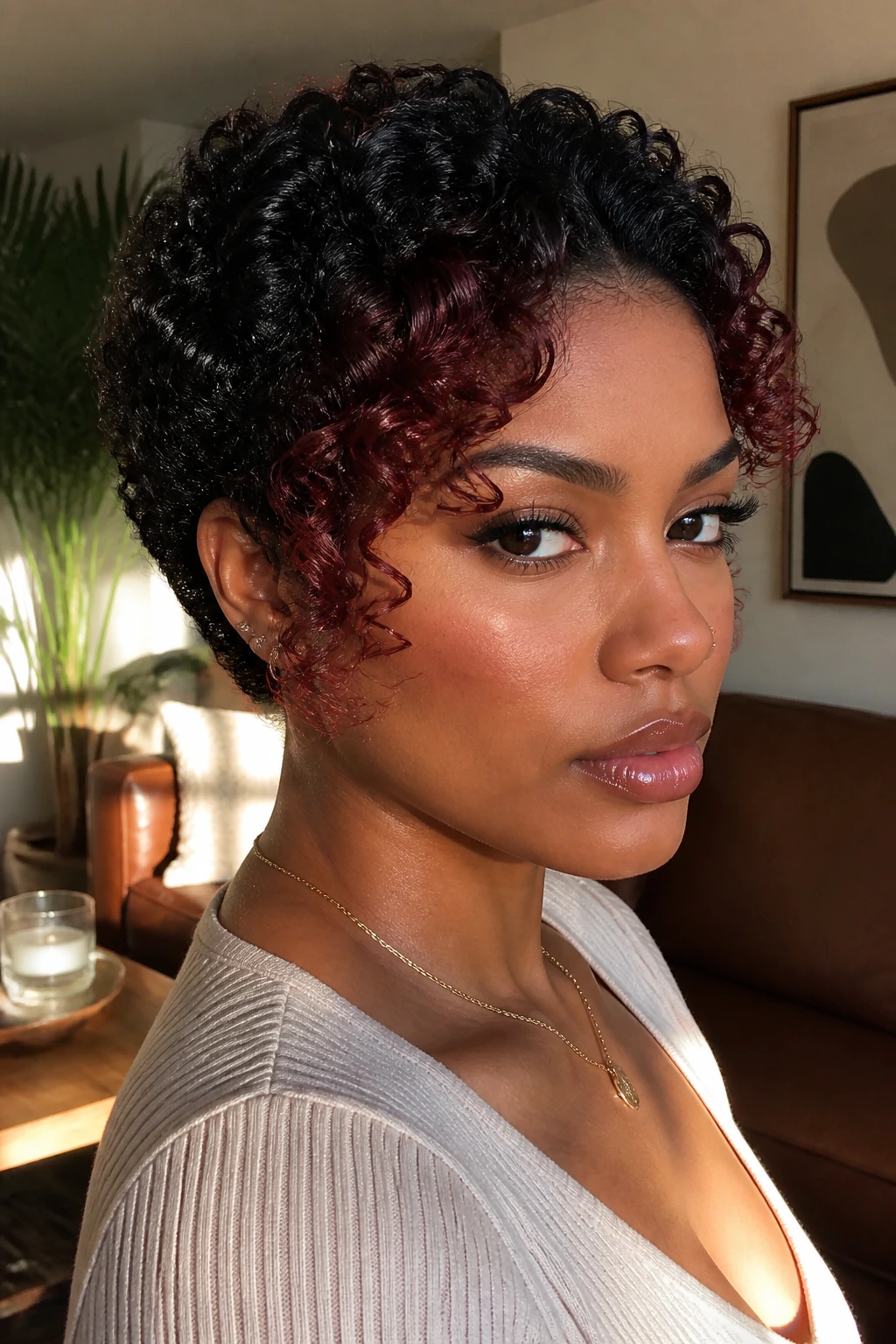 Close-up of a real person with black short curls and mahogany money piece.