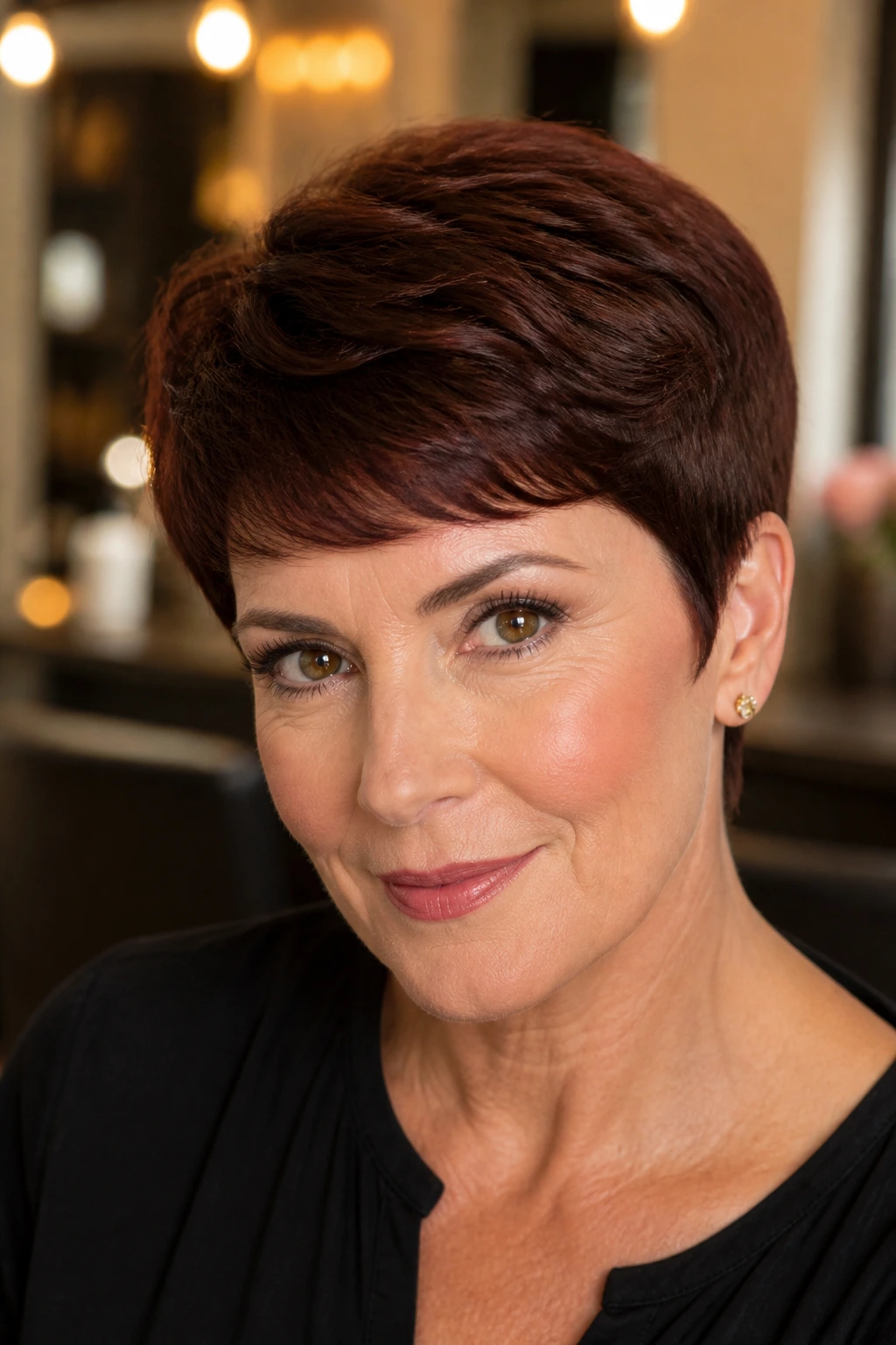 Close-up portrait of a real woman with a mahogany-glossed classic crop in warm salon lighting