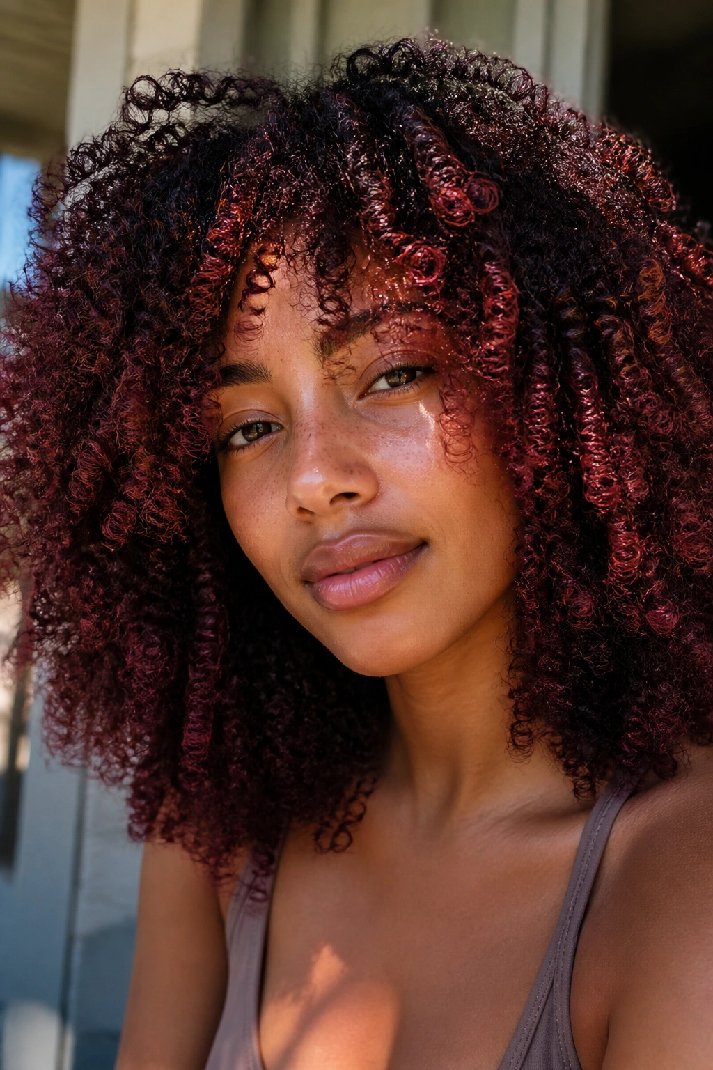 Tightly coiled hair with mahogany glow framing the face