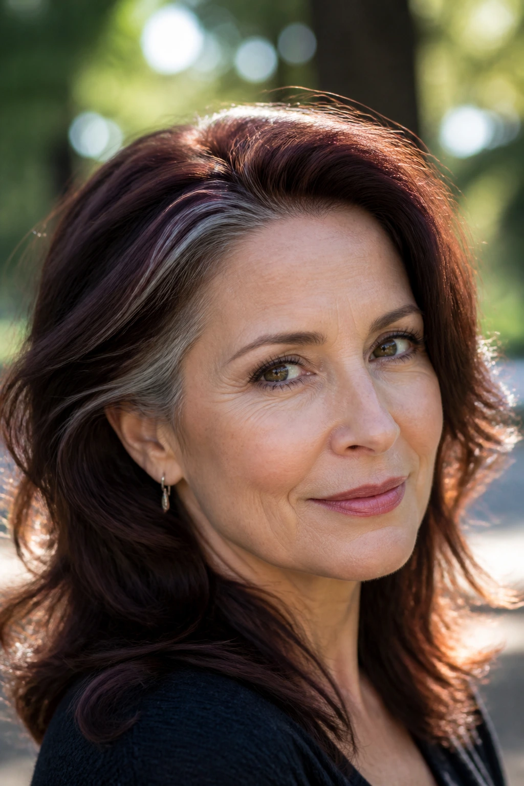 Close-up portrait of a real woman with mahogany gray-blending at the temples hair color.