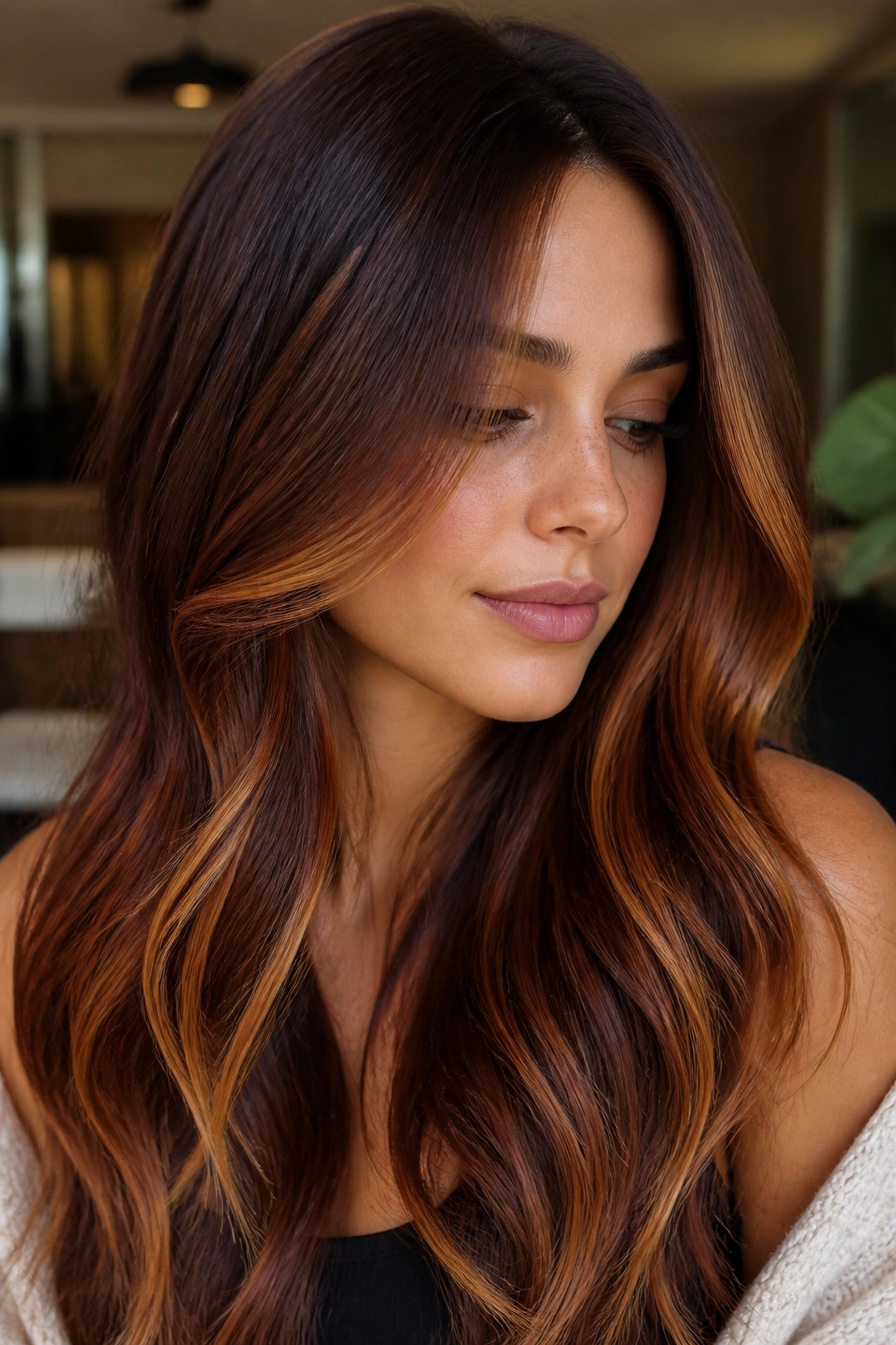 Close-up of mahogany cinnamon gold dimension in brunette hair