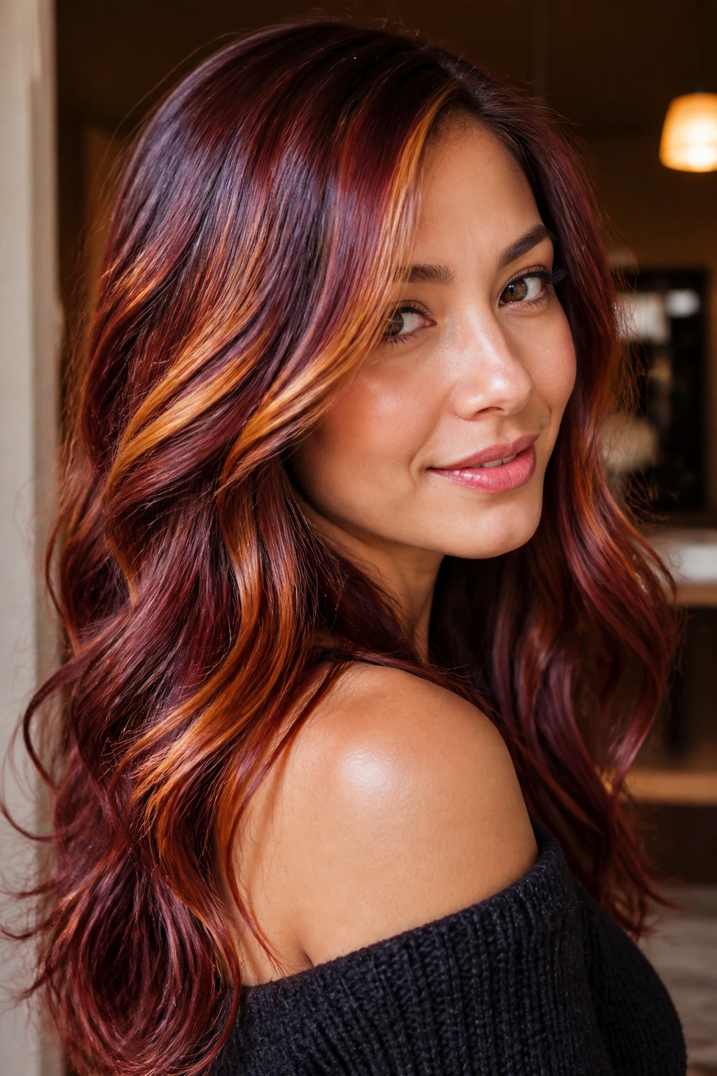 Portrait of hair with mahogany base and sunset tints under warm light.