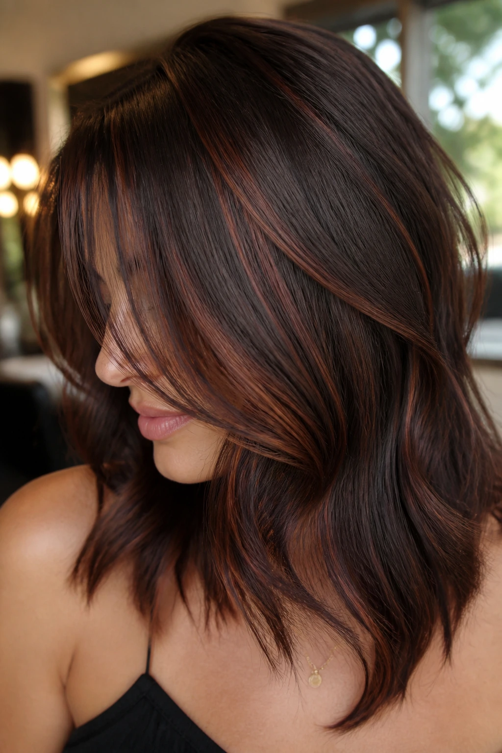 Close-up of dark brown hair with mahogany lowlights for depth