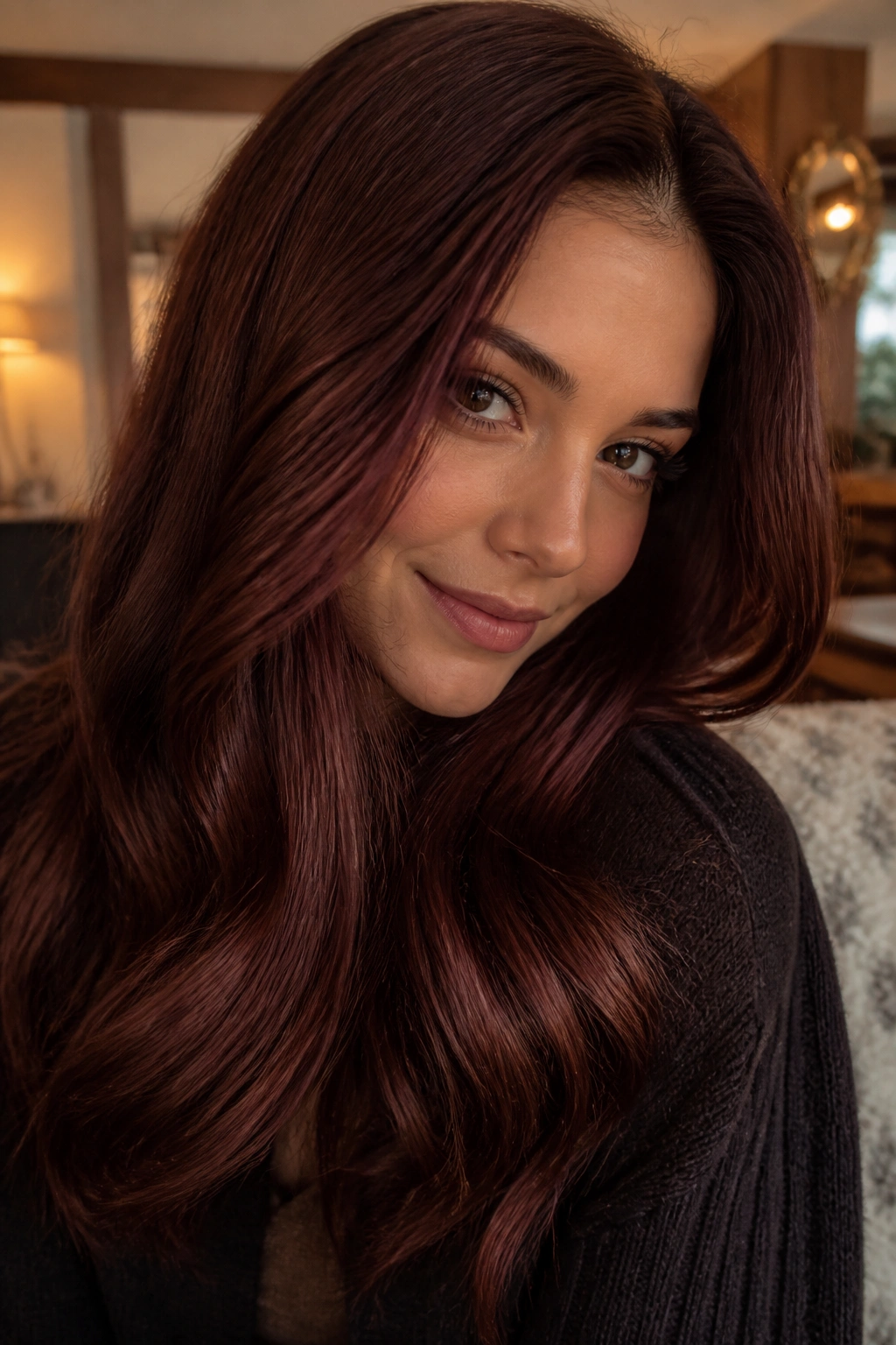 Close-up of a real person with mahogany melt hair showing red-brown depth