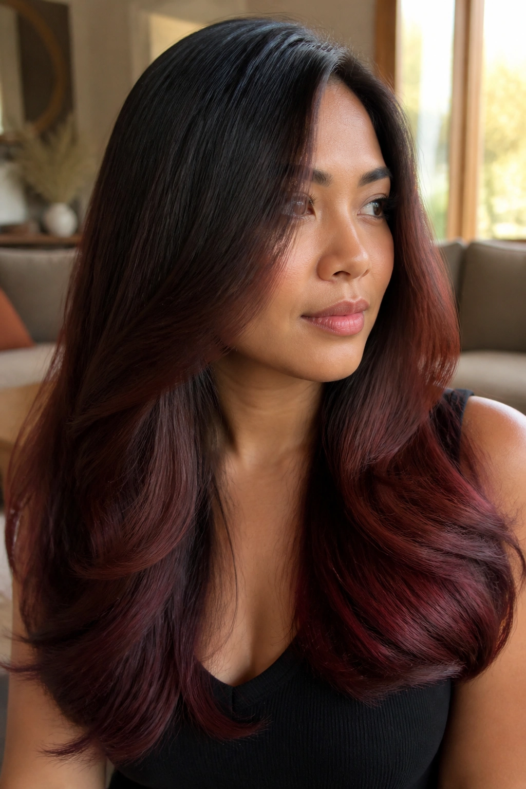 Close-up portrait of a real woman with mahogany melt on shiny black hair under warm window light