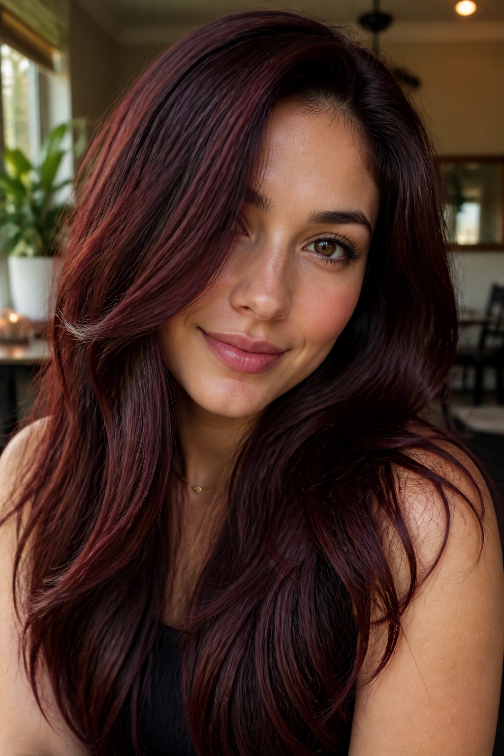 Close-up portrait of a person with mahogany red hair showing brown, plum and red tones