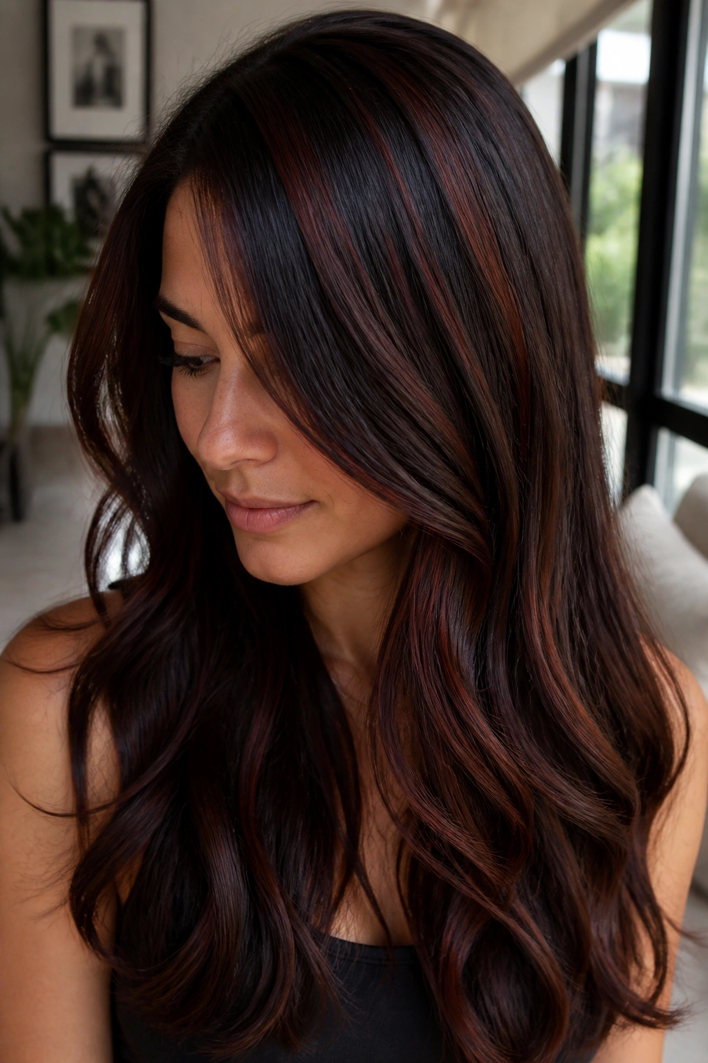 Deep brown hair with mahogany ribbons catching light