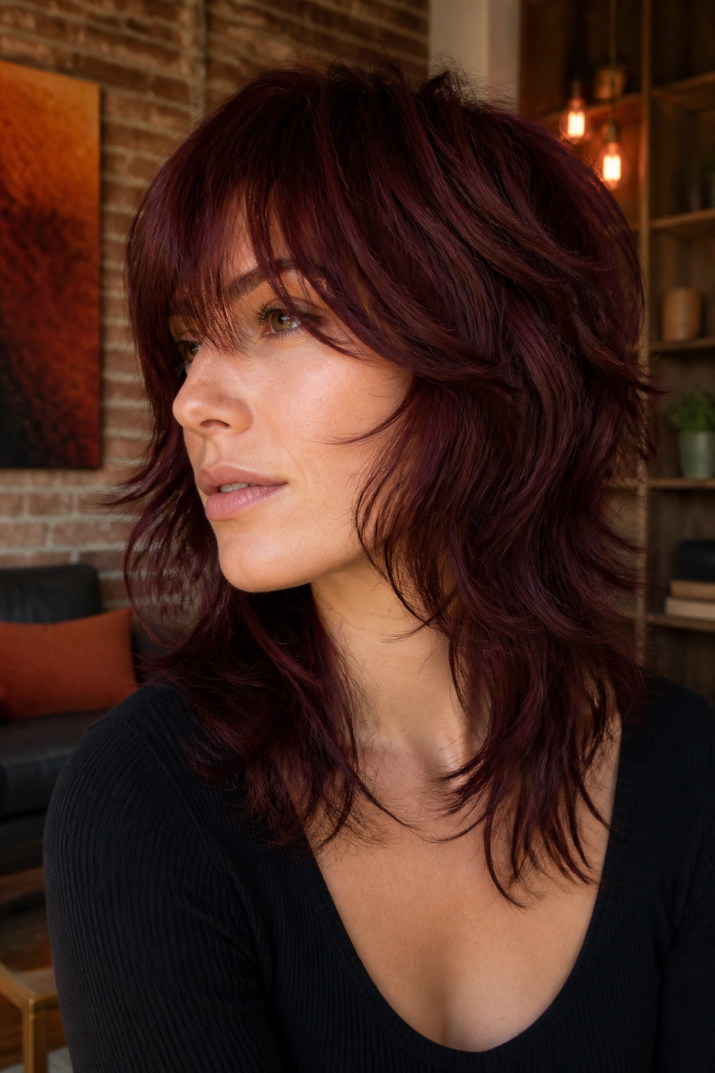 Close-up of a real woman with mahogany shag hairstyle with layered movement