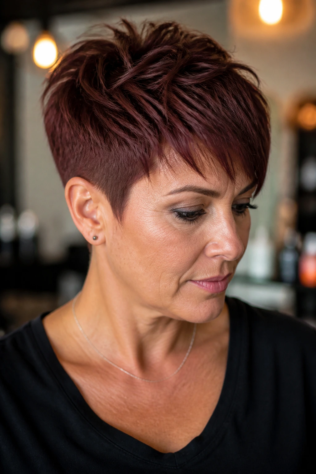 Close-up of a real woman wearing a mahogany tapered pixie hairstyle