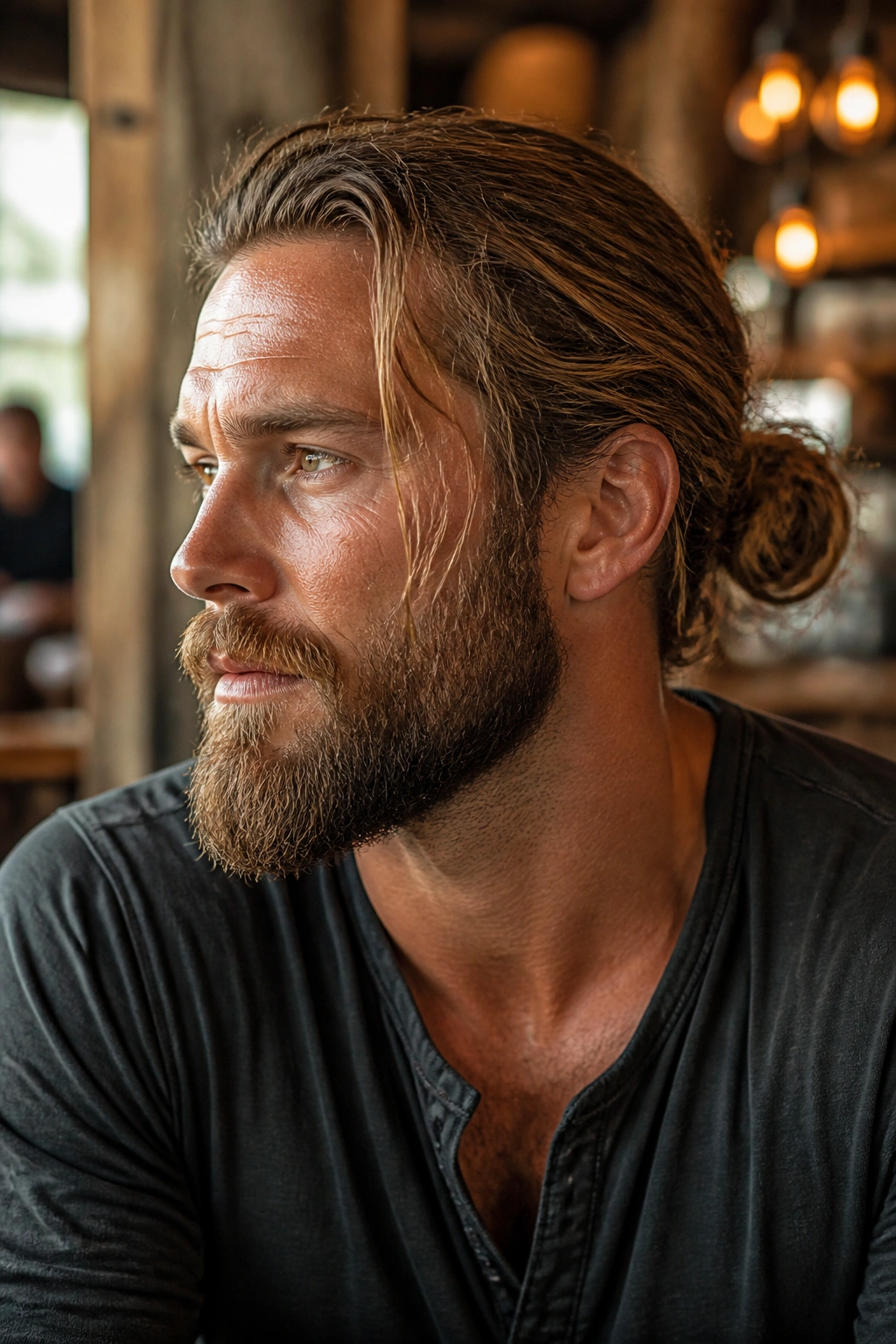 Close-up portrait of a man with a messy bun and beard in a rustic cafe setting