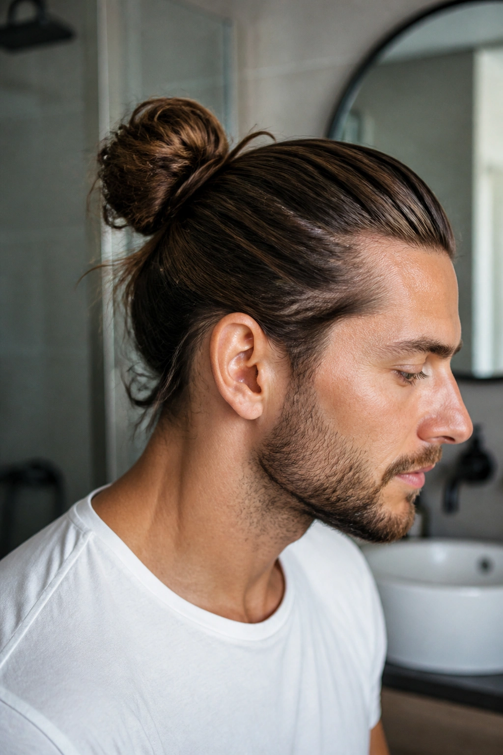 Close-up of a real man with a bun at the crown, in soft bathroom light.
