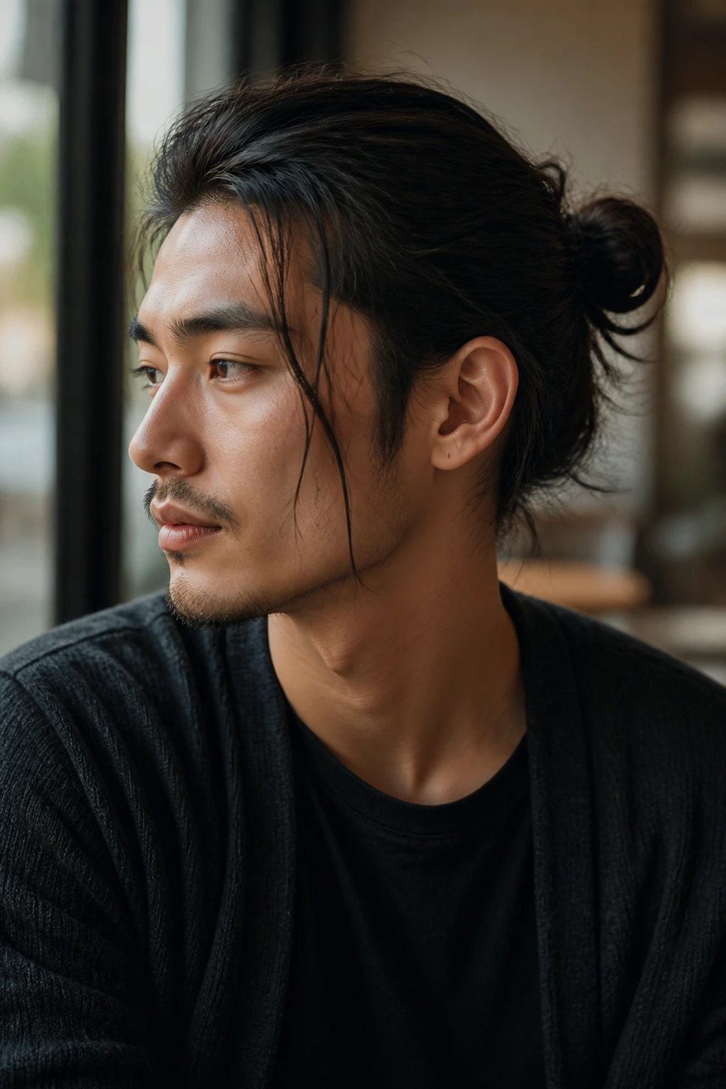 Real man with a relaxed man bun and loose strands framing the face