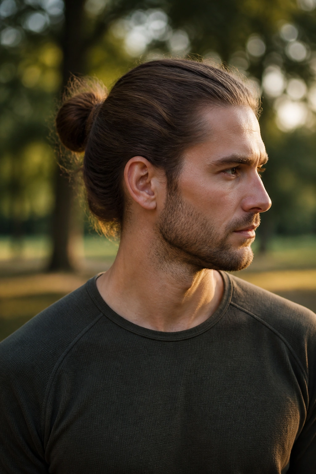 Close-up portrait of a man with a man bun in a park at golden hour