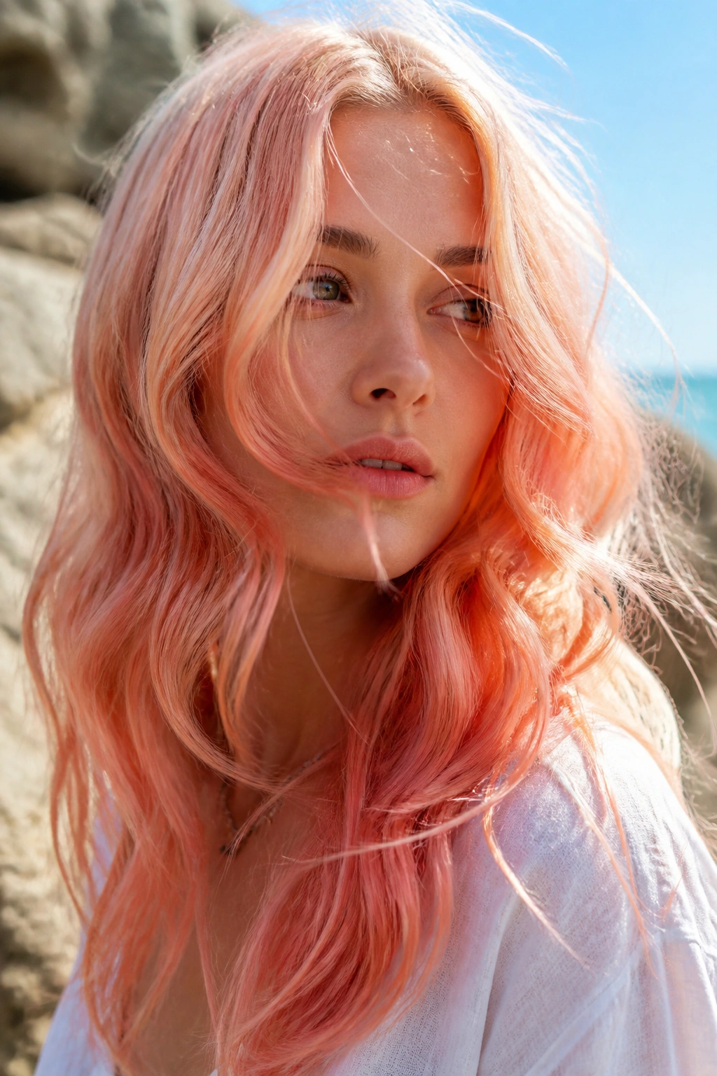 Woman with mango coral waves over pale blonde base in sunlit outdoor light