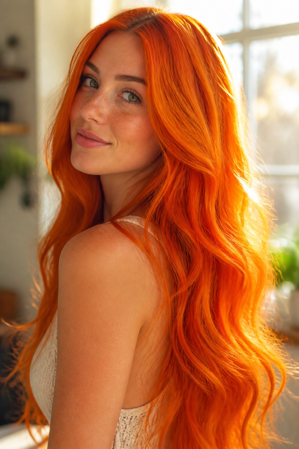 Close-up of a real woman with long mango orange hair filling the frame in warm window light.