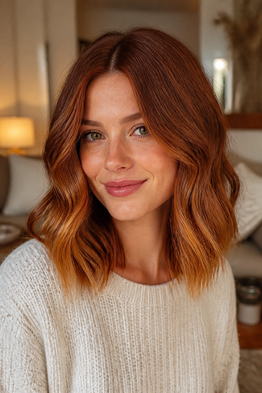 Portrait of a woman showing maple auburn with caramel edge.