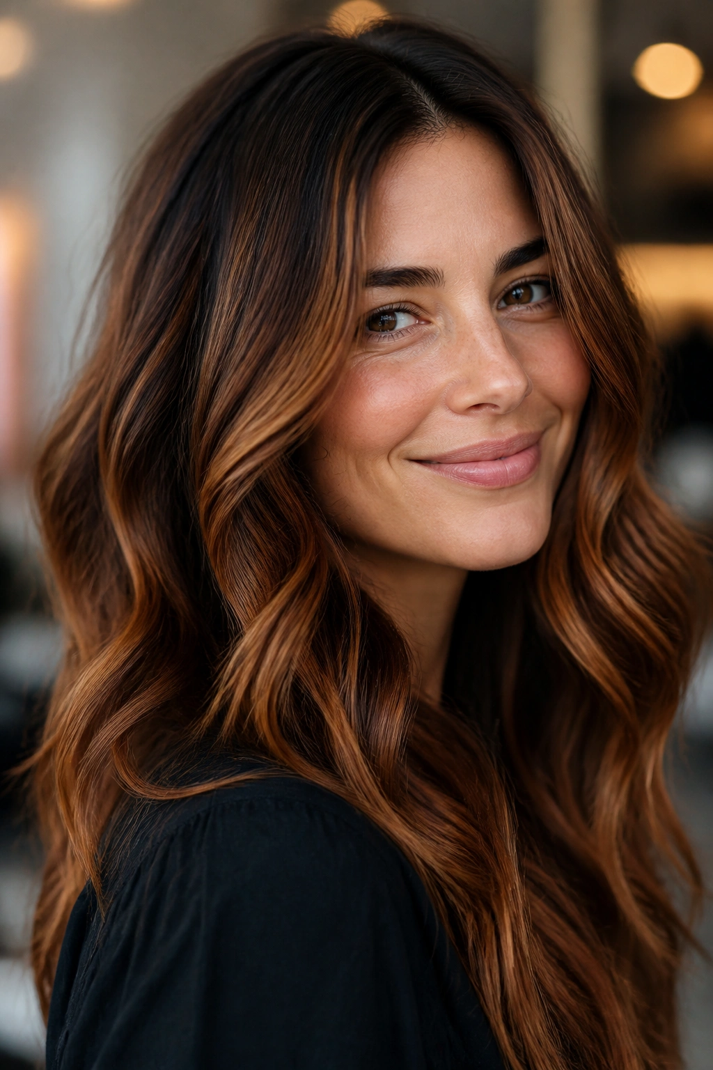 Brunette with maple balayage showing warm depth