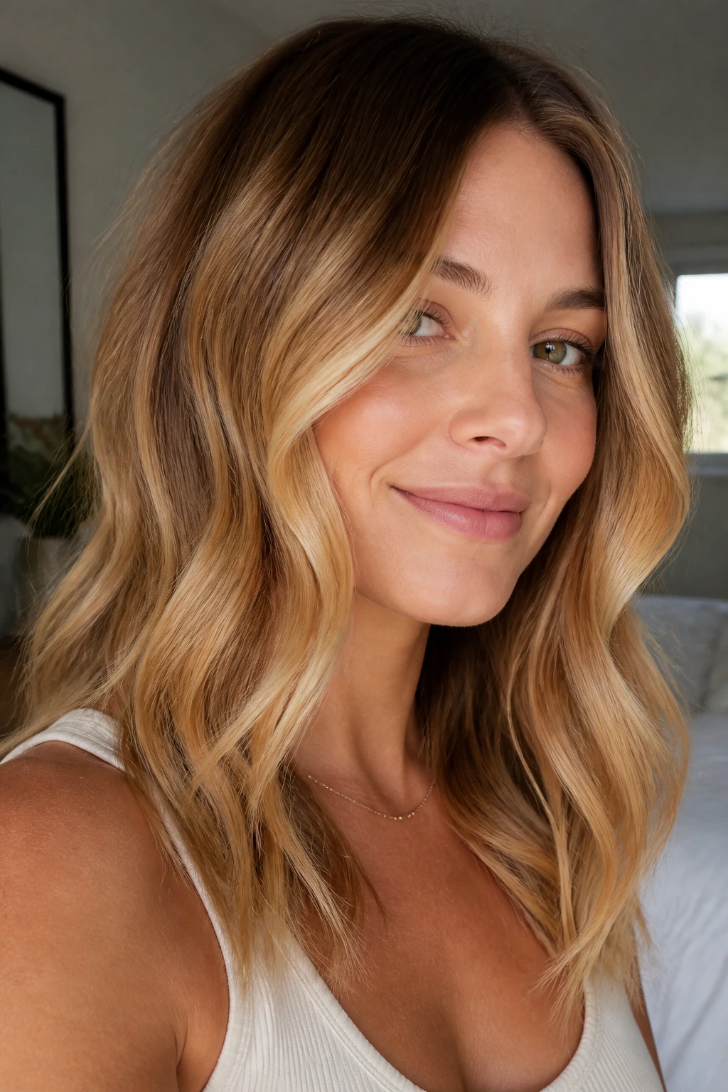 Close-up portrait of a real woman with maple blonde melt hair and a warm gradient.