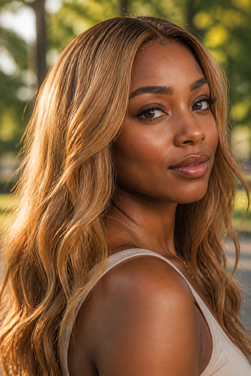 Close-up of a woman with maple blonde hair in warm afternoon light