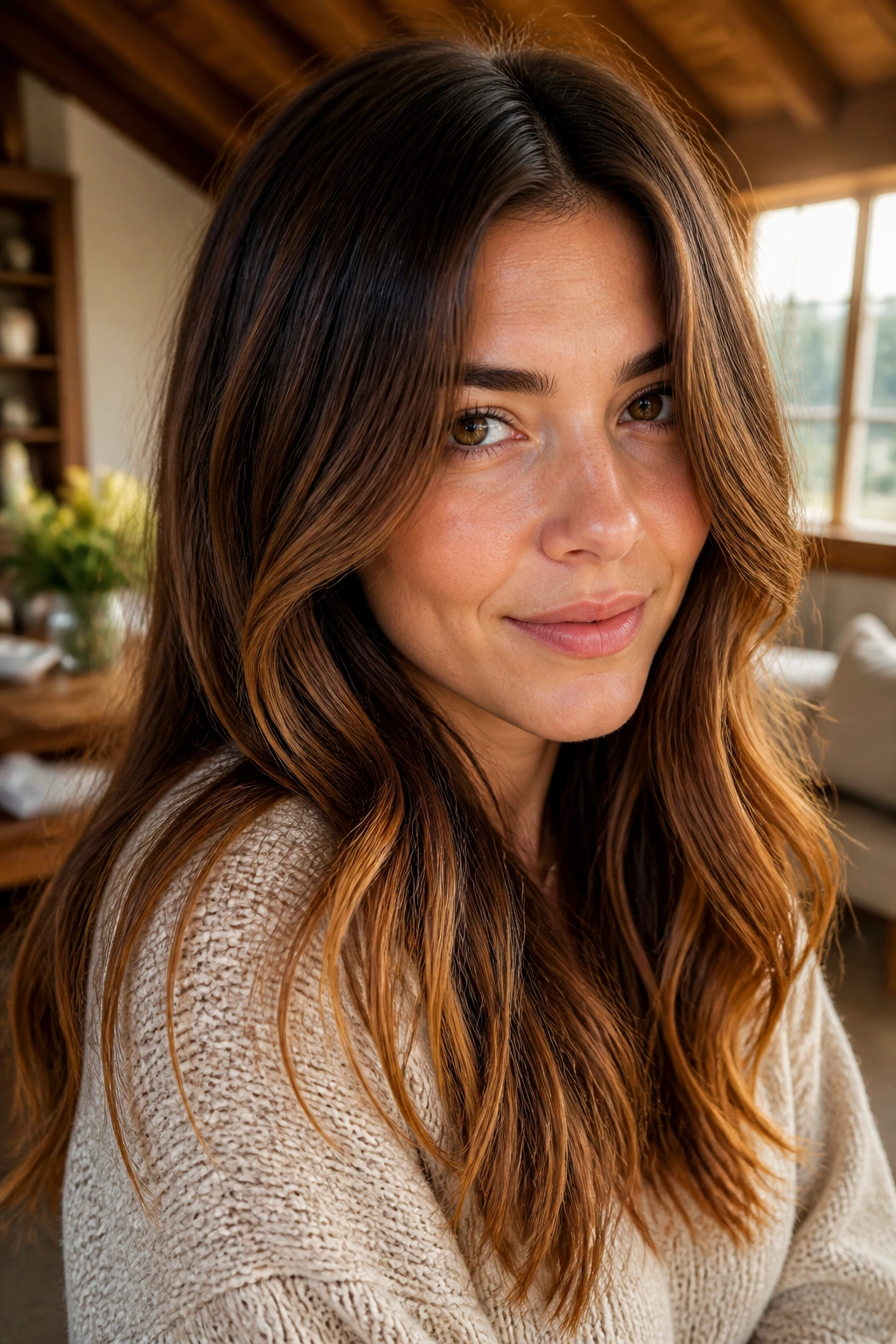 Portrait of a woman with maple brown hair showing amber warmth mid-lengths.
