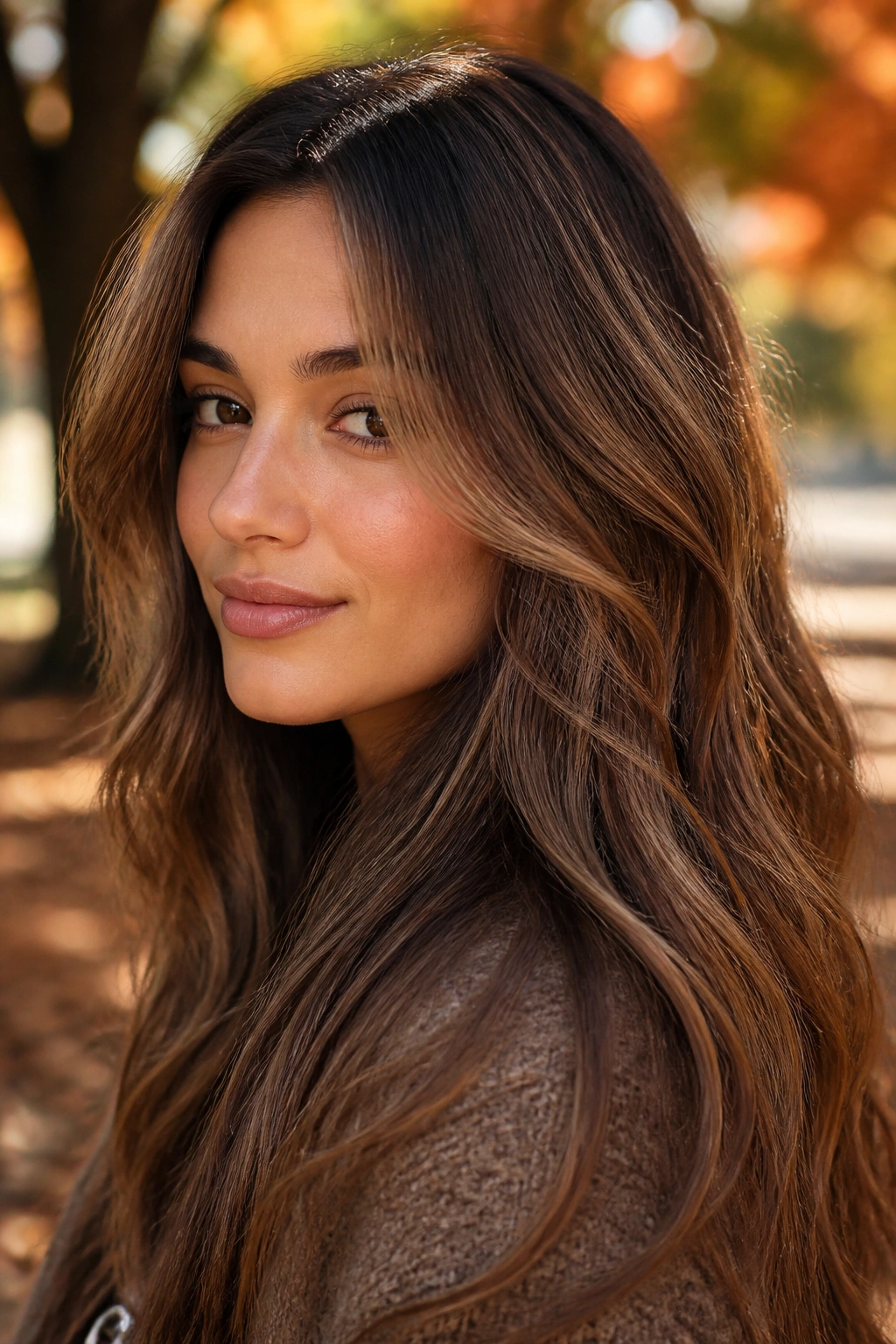 Portrait of a real woman with maple brown base and caramel veil balayage outdoors in fall light