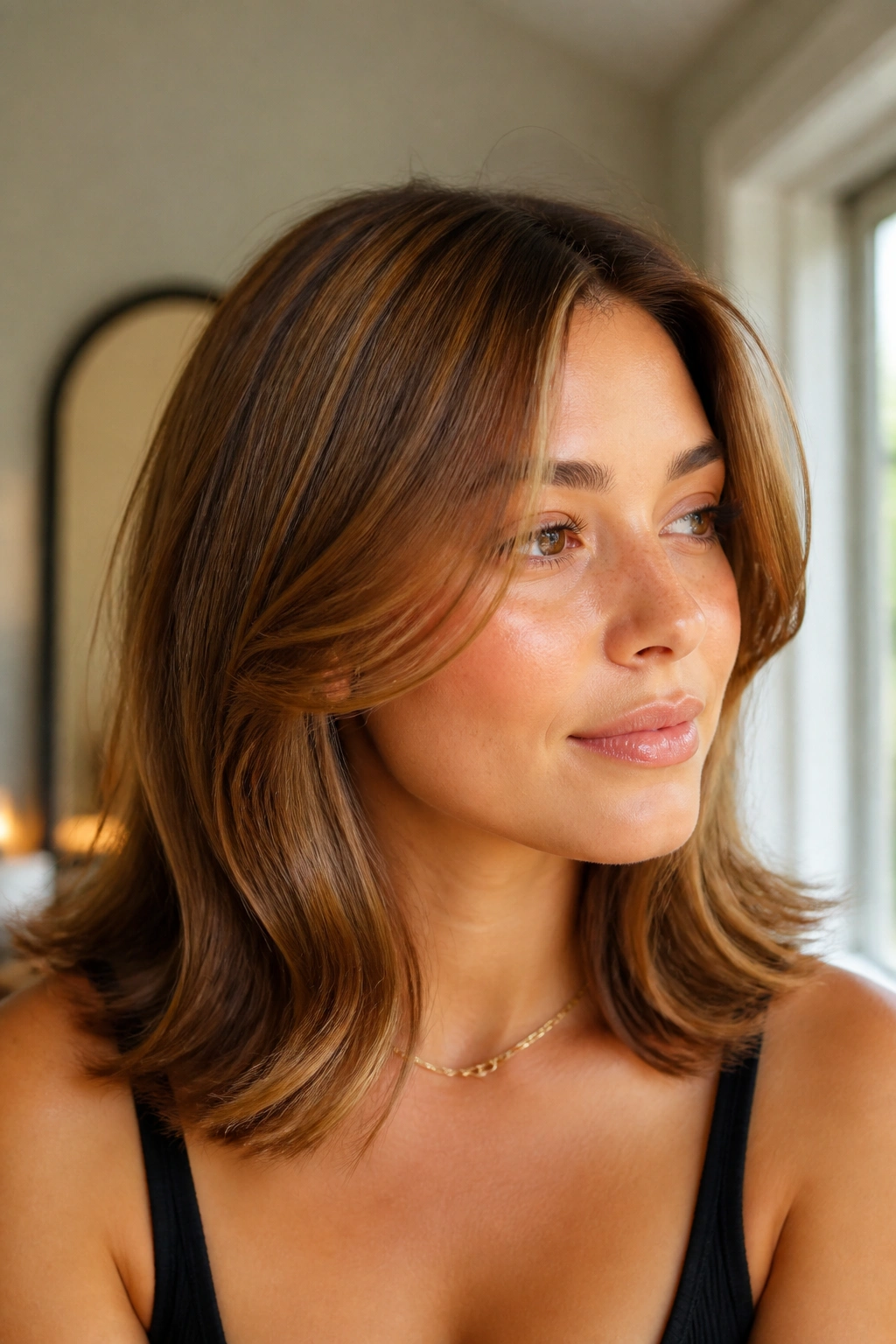 Close-up of a real woman with maple brown hair and curved face layers framing her cheeks