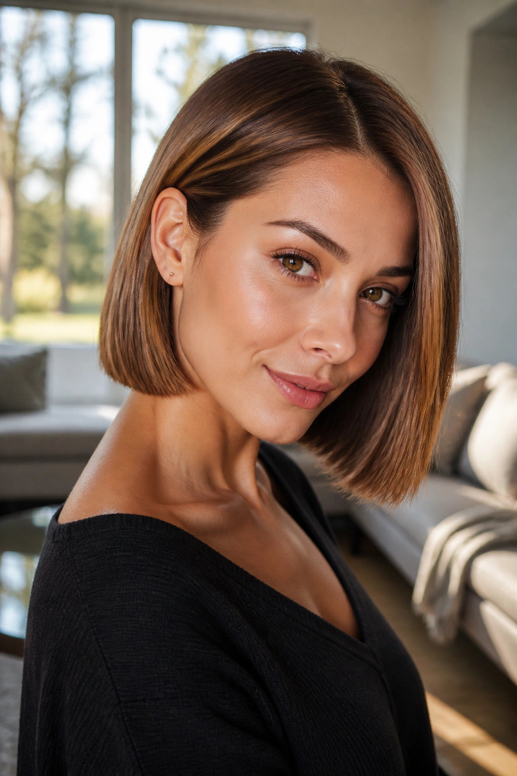 Close-up portrait of a real woman with maple brown gloss blunt bob in warm amber tones.
