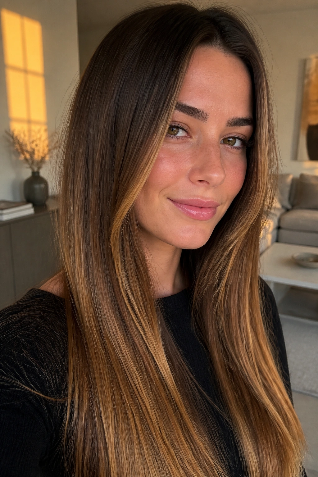Close-up of a real woman with Maple Brown to Gold Dust Melt on straight hair.