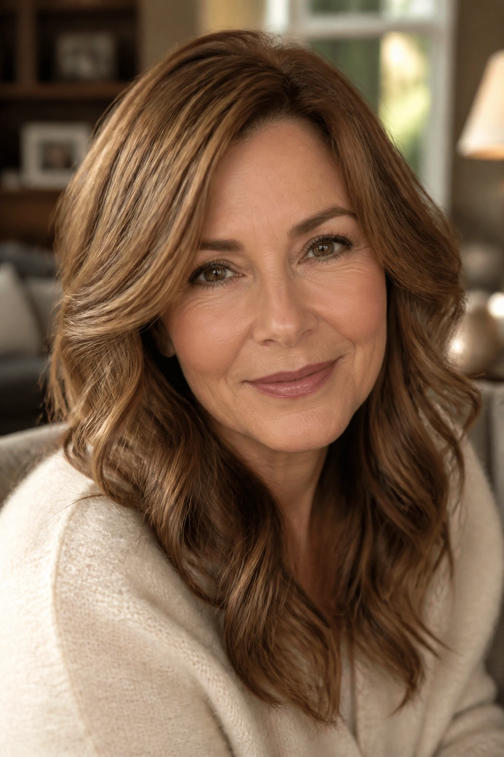 Close-up portrait of a real woman with maple brown hair in soft waves under warm window light