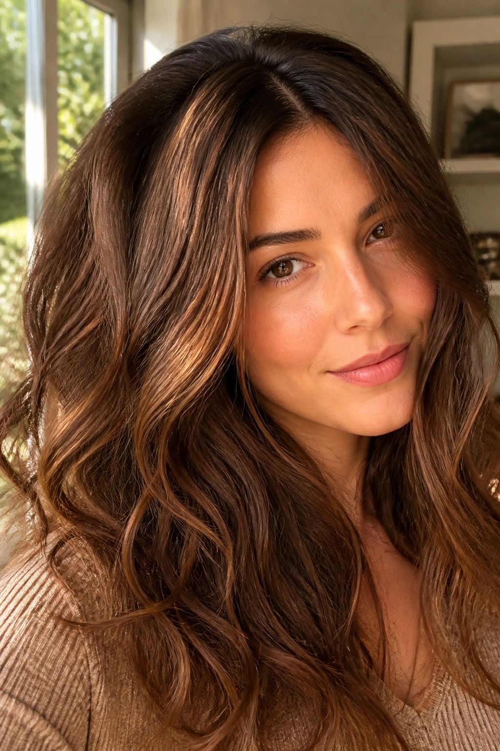 Close-up portrait of a real person with maple brown hair color under warm window light