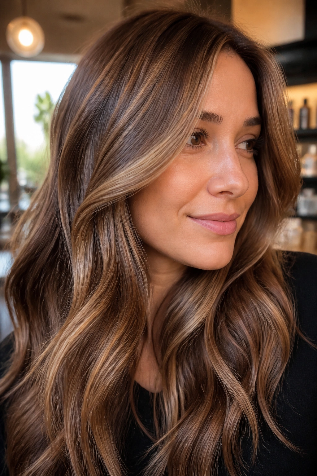 Close-up of a real woman with maple brown hair featuring lowlights and light ribbons