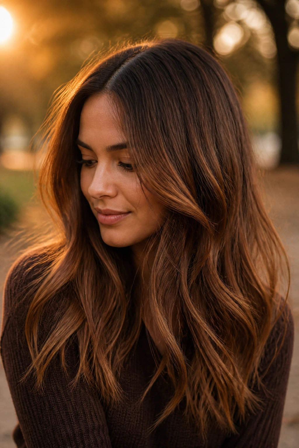 Close-up of a real woman's Maple Brown hair with warm golden-brown tones