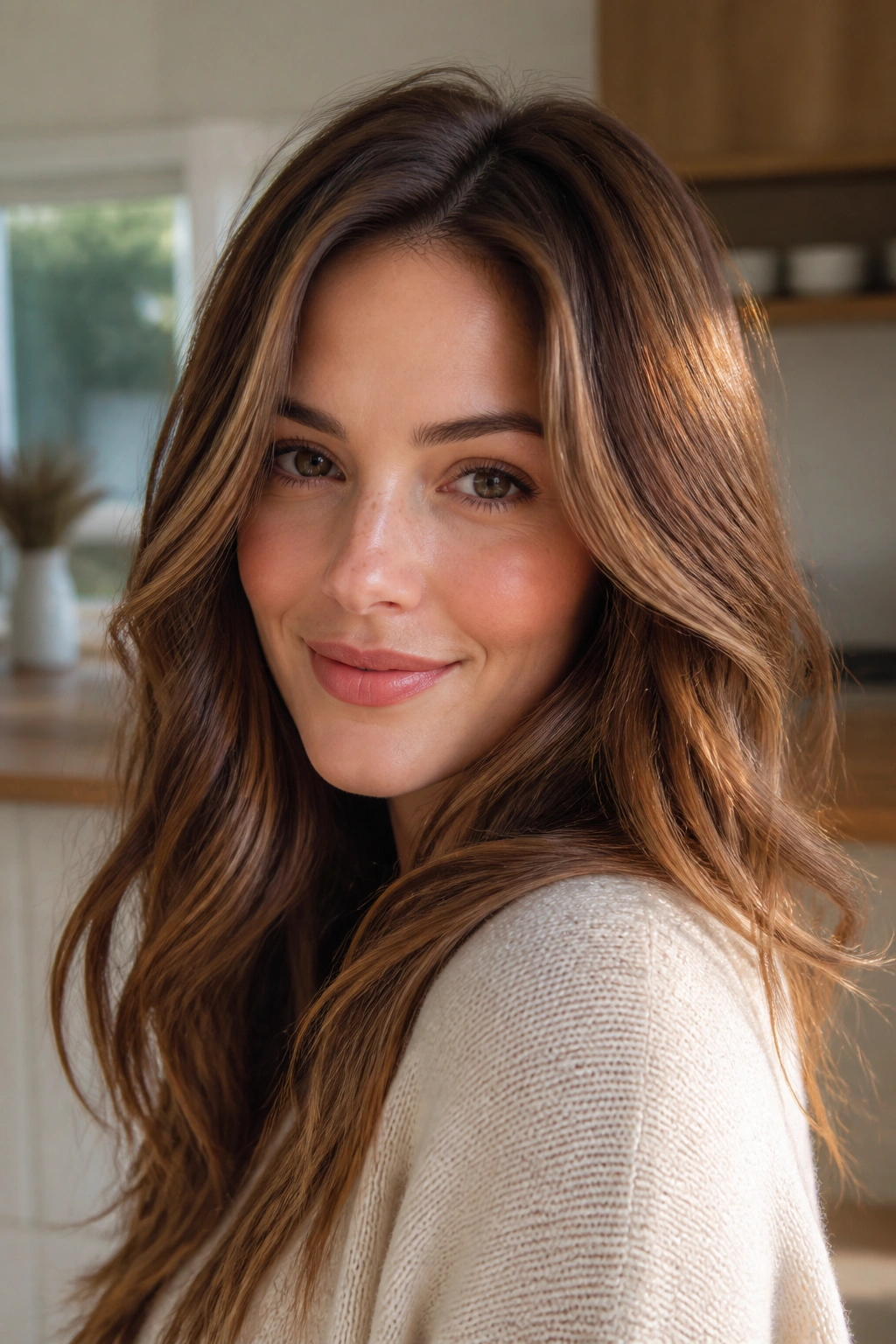 Close-up portrait of brunette with Maple Brown warm hair